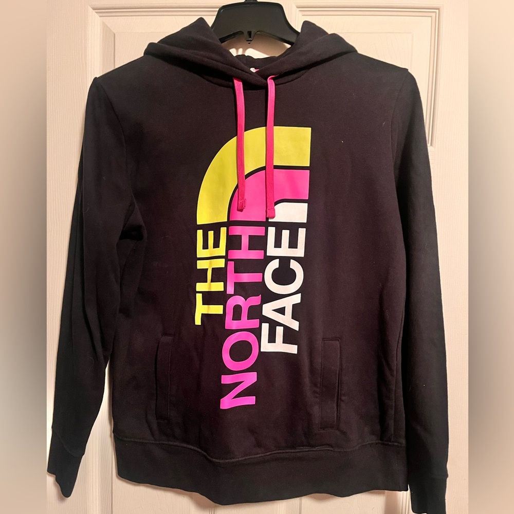The North Face Black Hoodie with Pink and Yellow Accents